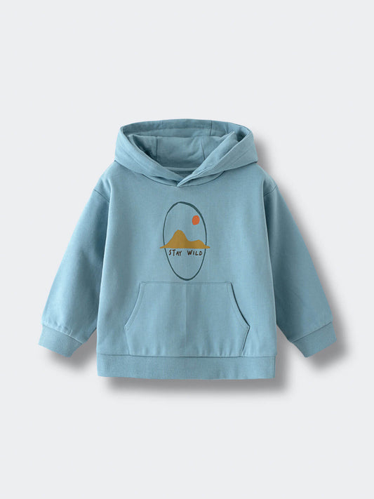 Light blue hoodie with mountain graphic and stay wild text on front Feature Print Hoodie - Stay Wild Boys