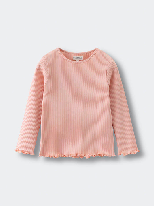Pink ribbed long sleeve shirt with ruffled hem and cuffs on white background Ribbed Long Sleeve Tee - Mallow Girls