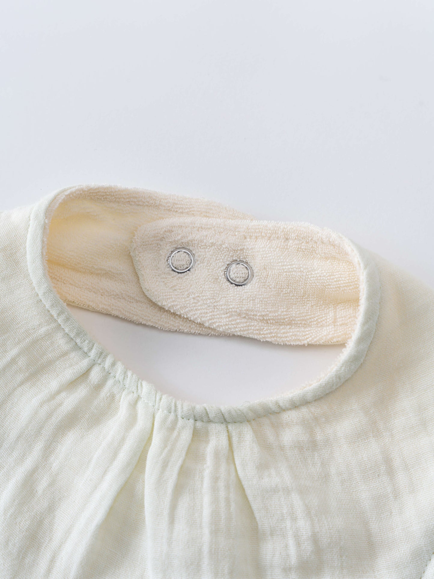 Close-up of cream-colored fabric collar with two metal snaps visible Bandana Bibs 3 Pack - Lemons Baby girl