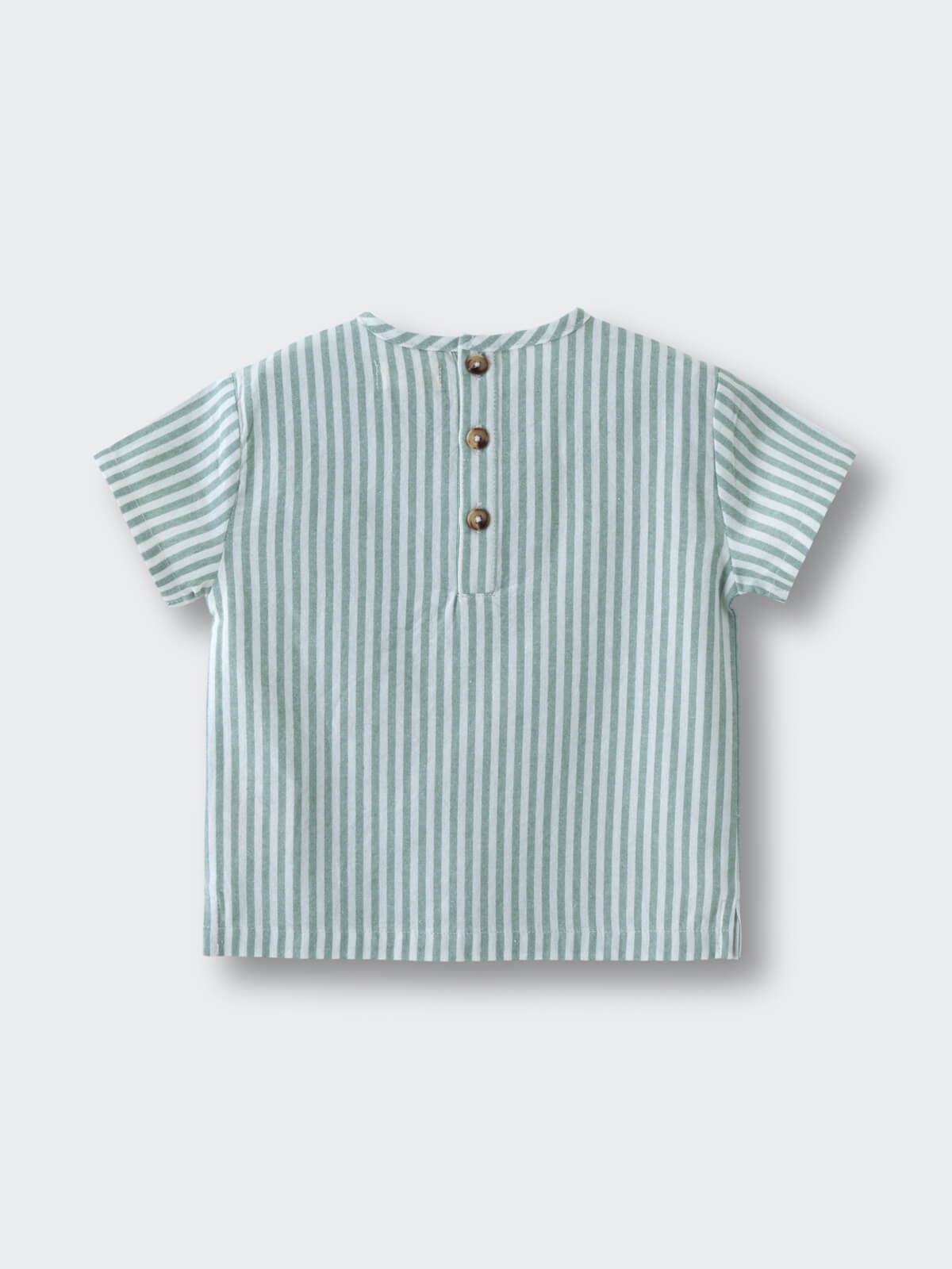 Striped green and white short-sleeved shirt with three brown buttons at the neck Dylan Stripe Tee Shirt - Mint Stripe Baby boy