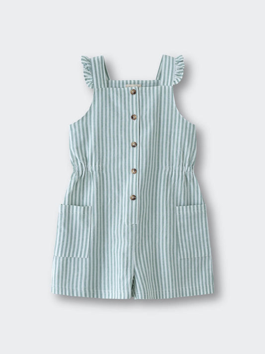 Green and white striped playsuit with button front and ruffled straps Ellie Playsuit - Mint Stripe Girls