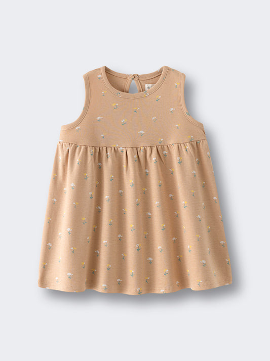Peach-colored sleeveless dress with small floral print pattern on white background Baby Sleeveless Jersey Dress - Floral Bloom Baby girl