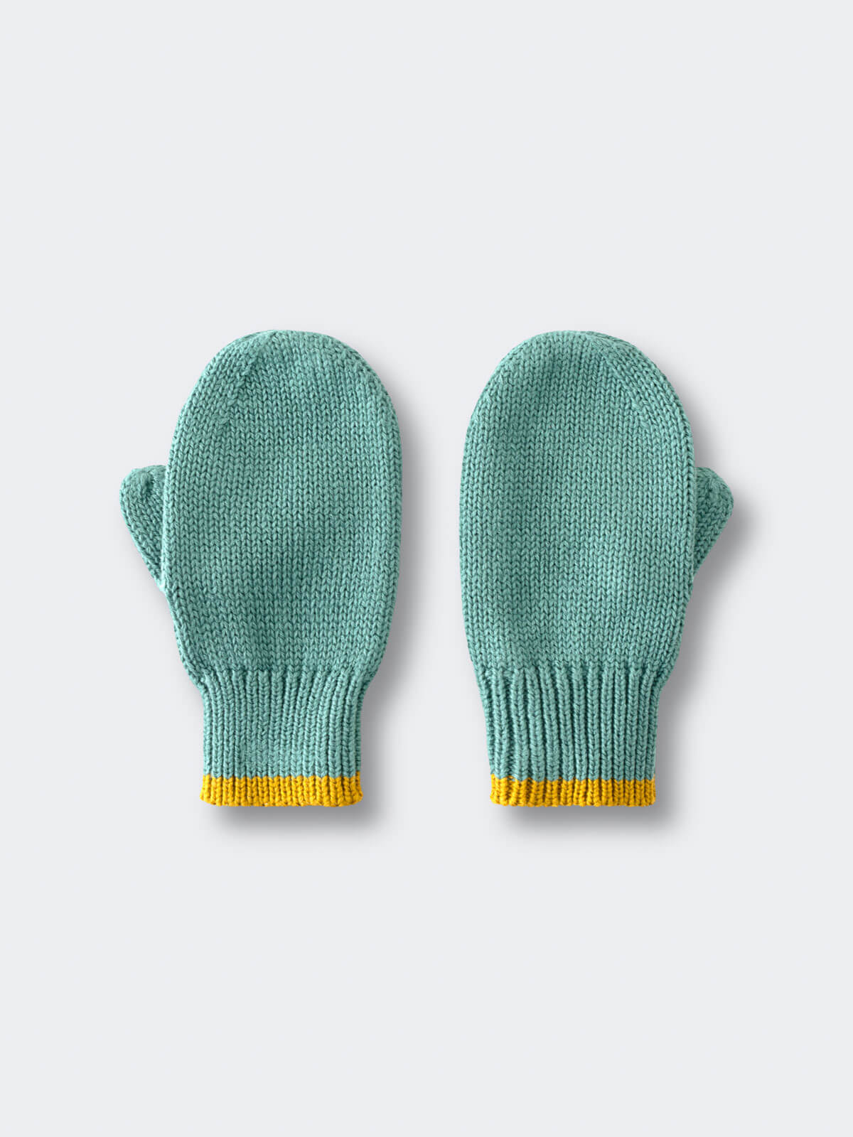 Pair of teal mittens with yellow cuffs on a light gray background Knit Mittens - Balsam Boys
