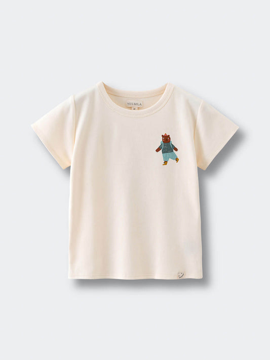 Cream-colored t-shirt with small bear illustration on chest Feature Print Short Sleeve Tee - Hiking Bear Boys