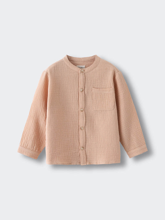 Peach-colored button-up shirt with chest pocket on light background Muslin Long Sleeve Shirt - Sand Boys