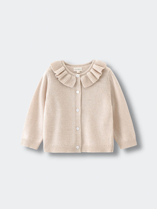 Beige cardigan with ruffled collar on a light gray background Ruffle Cardigan - Ecru Girls