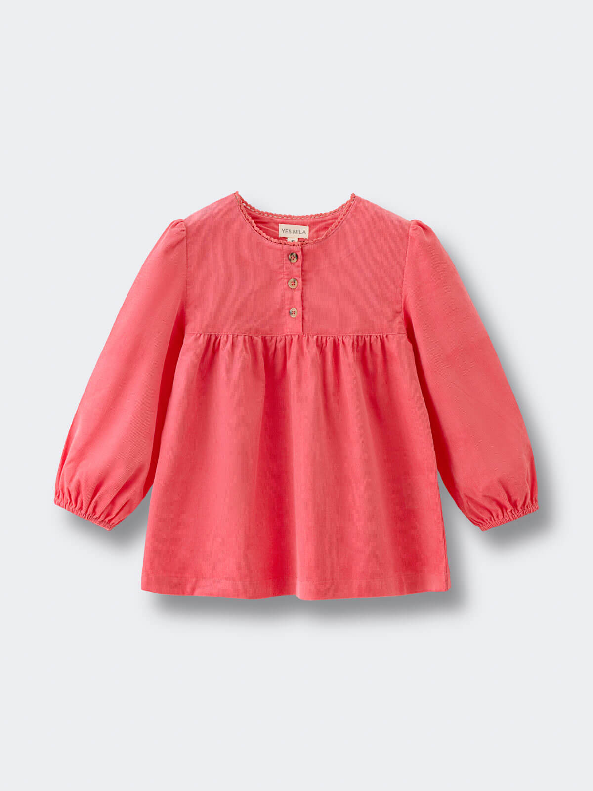 Pink long-sleeve top on a light gray background Three Button Blouse - Cloudberry Girls