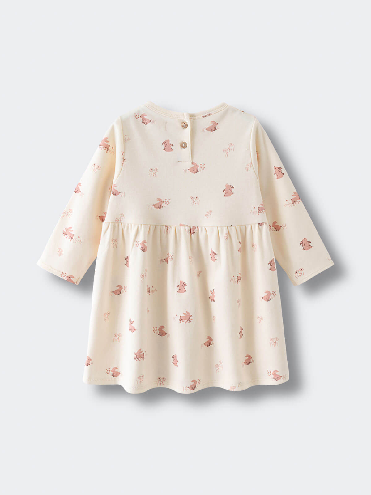 Cream colored baby dress with pink bunny print and button closure at back Baby Long Sleeve Jersey Dress - Meadow Friends Ecru Baby girl