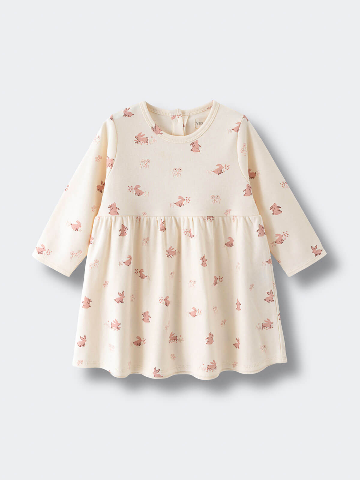 Cream-colored long sleeve dress with pink bunny print pattern Baby Long Sleeve Jersey Dress - Meadow Friends Ecru Baby girl
