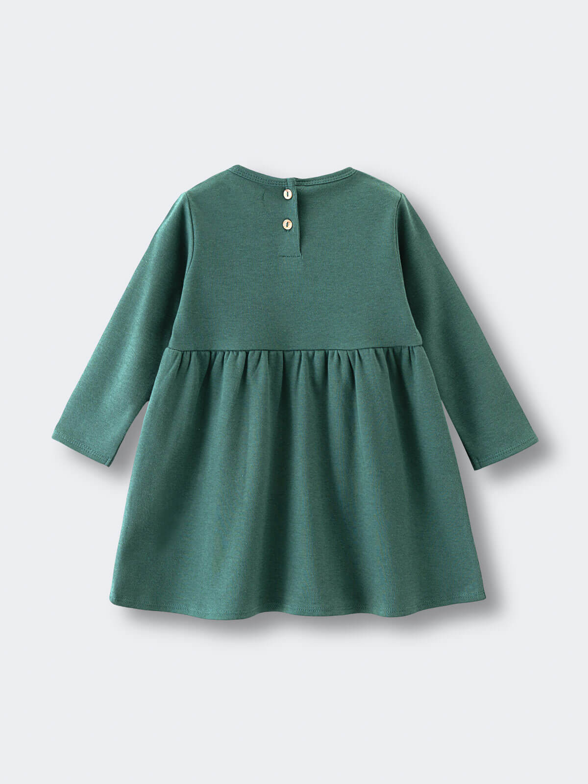 Green long sleeve dress with gathered skirt and button back closure Baby Long Sleeve Jersey Dress - Meadow Friends Baby girl