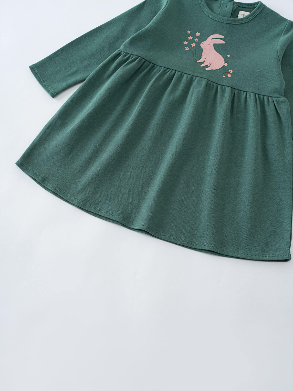 Green dress with pink rabbit and flower design on chest Baby Long Sleeve Jersey Dress - Meadow Friends Baby girl