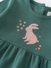 Close-up of a teal dress with pink bunny and flower print Baby Long Sleeve Jersey Dress - Meadow Friends Baby girl