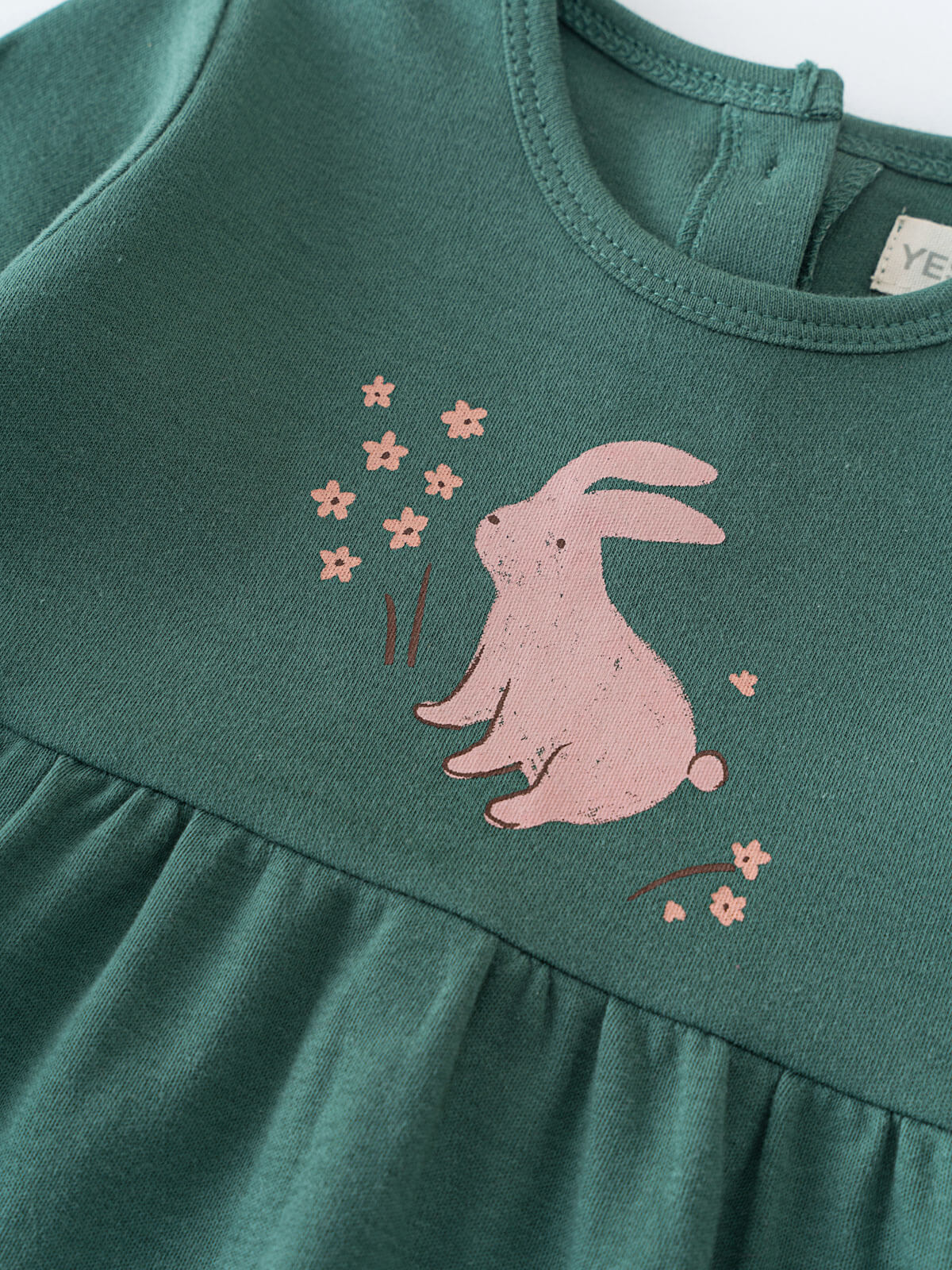 Close-up of a teal dress with pink bunny and flower print Baby Long Sleeve Jersey Dress - Meadow Friends Baby girl