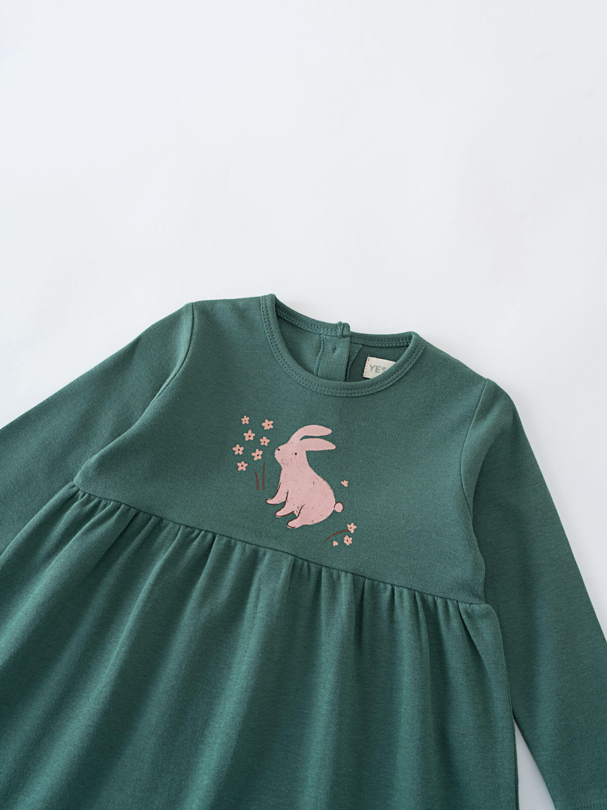 Green long sleeve dress with pink rabbit and flower design Baby Long Sleeve Jersey Dress - Meadow Friends Baby girl