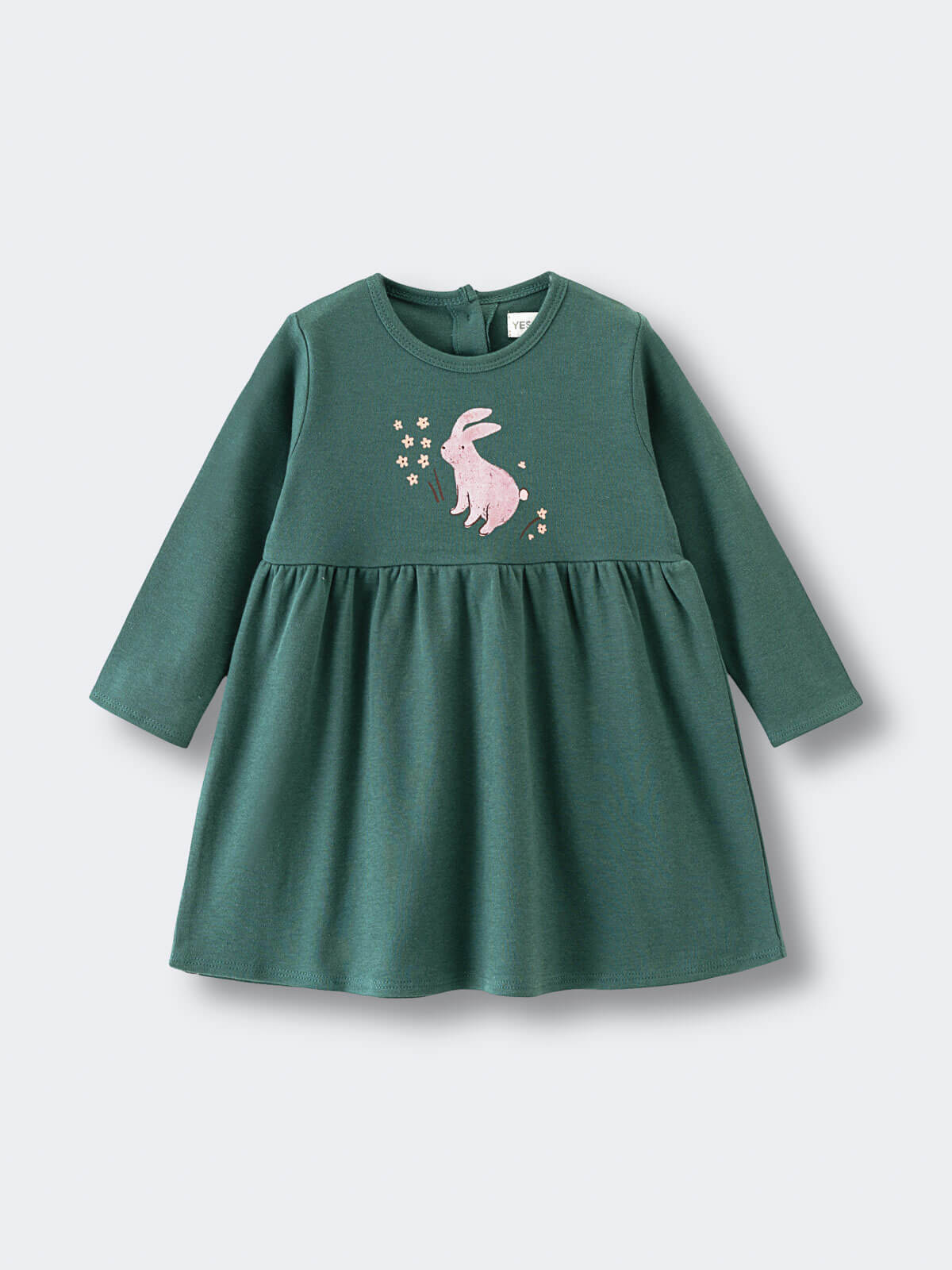Green long sleeve dress with pink rabbit and flower embroidery detail Baby Long Sleeve Jersey Dress - Meadow Friends Baby girl
