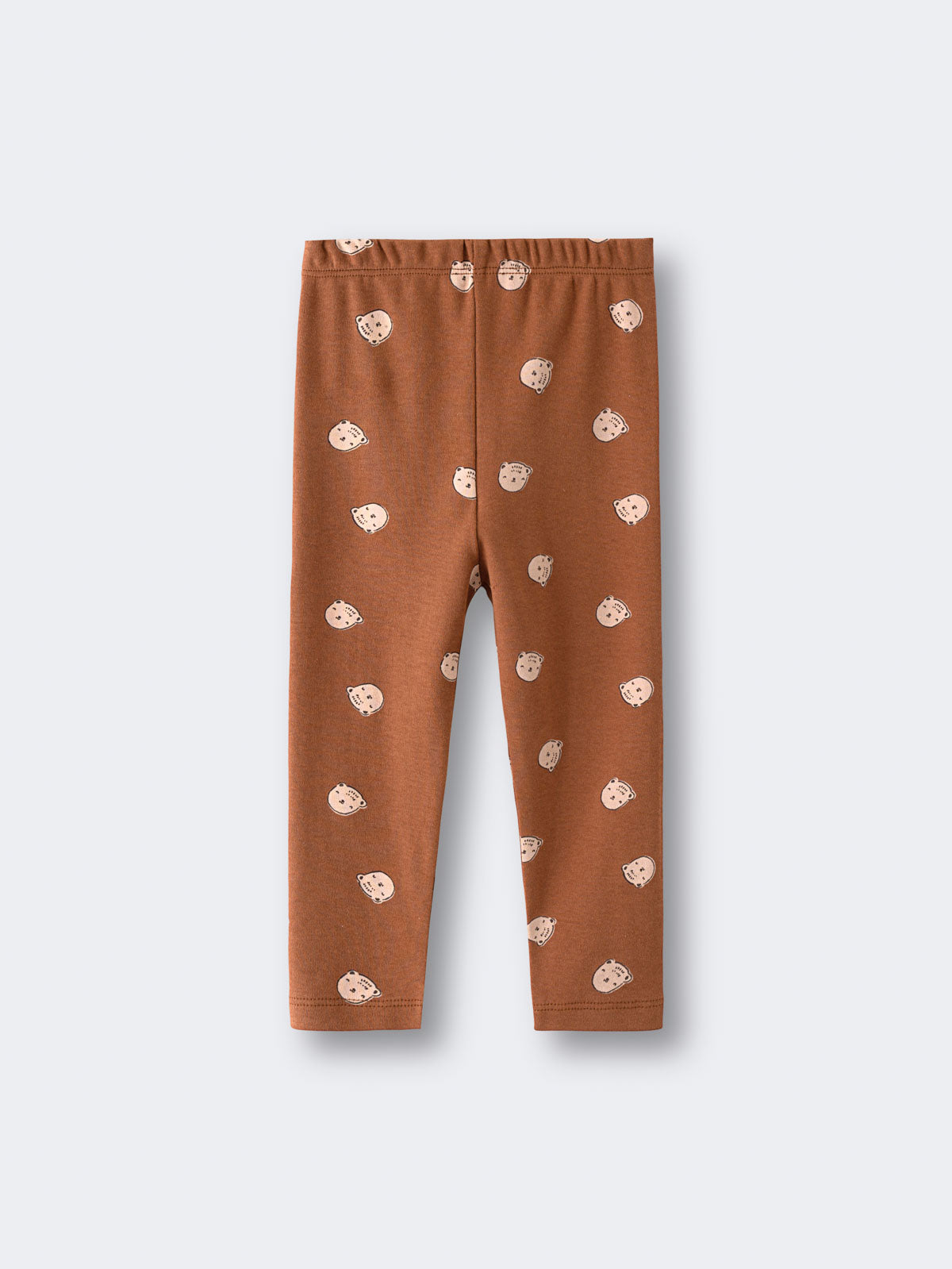 Brown leggings with small bear face pattern laid flat on white background Baby Printed Leggings - Cosy Bear Russet Baby boy