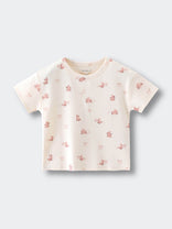 Cream-colored baby t-shirt with pink rabbit print pattern Baby Printed Short Sleeve Tee - Meadow Friends Ecru Baby girl