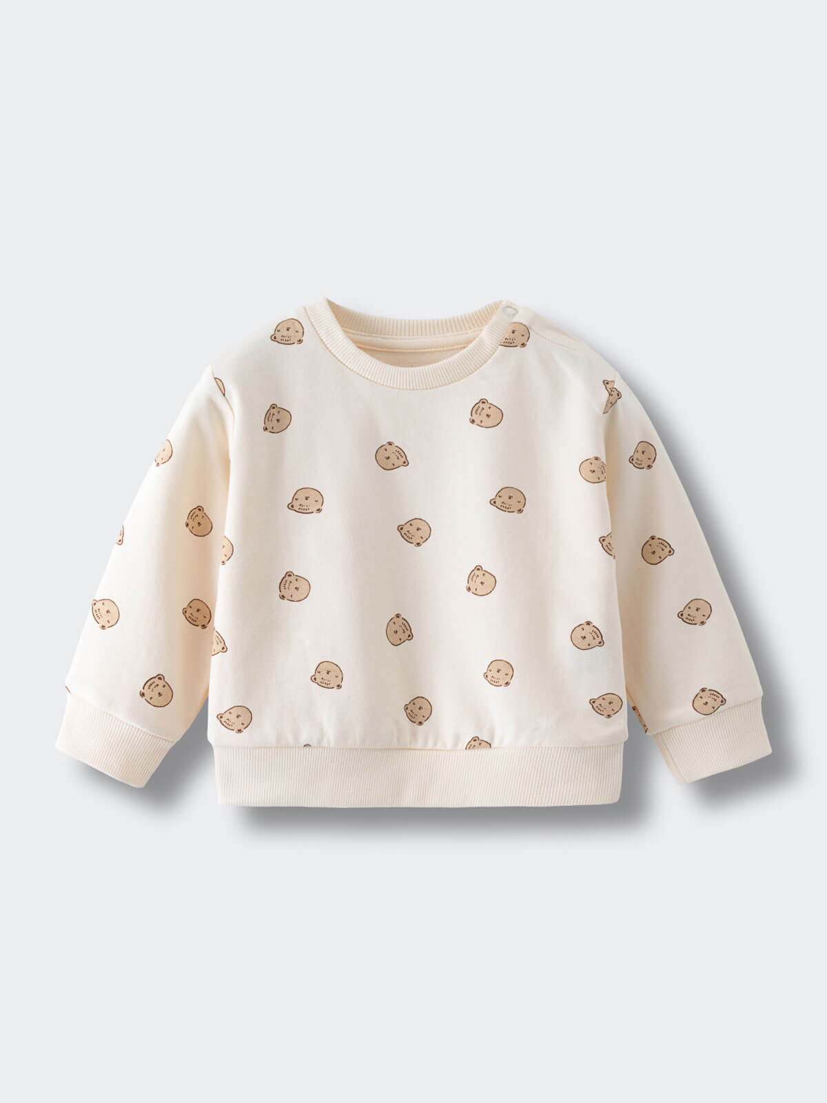 Cream sweatshirt with brown bear face print pattern on white background Baby Printed Sweatshirt - Cosy Bear Ecru Baby boy
