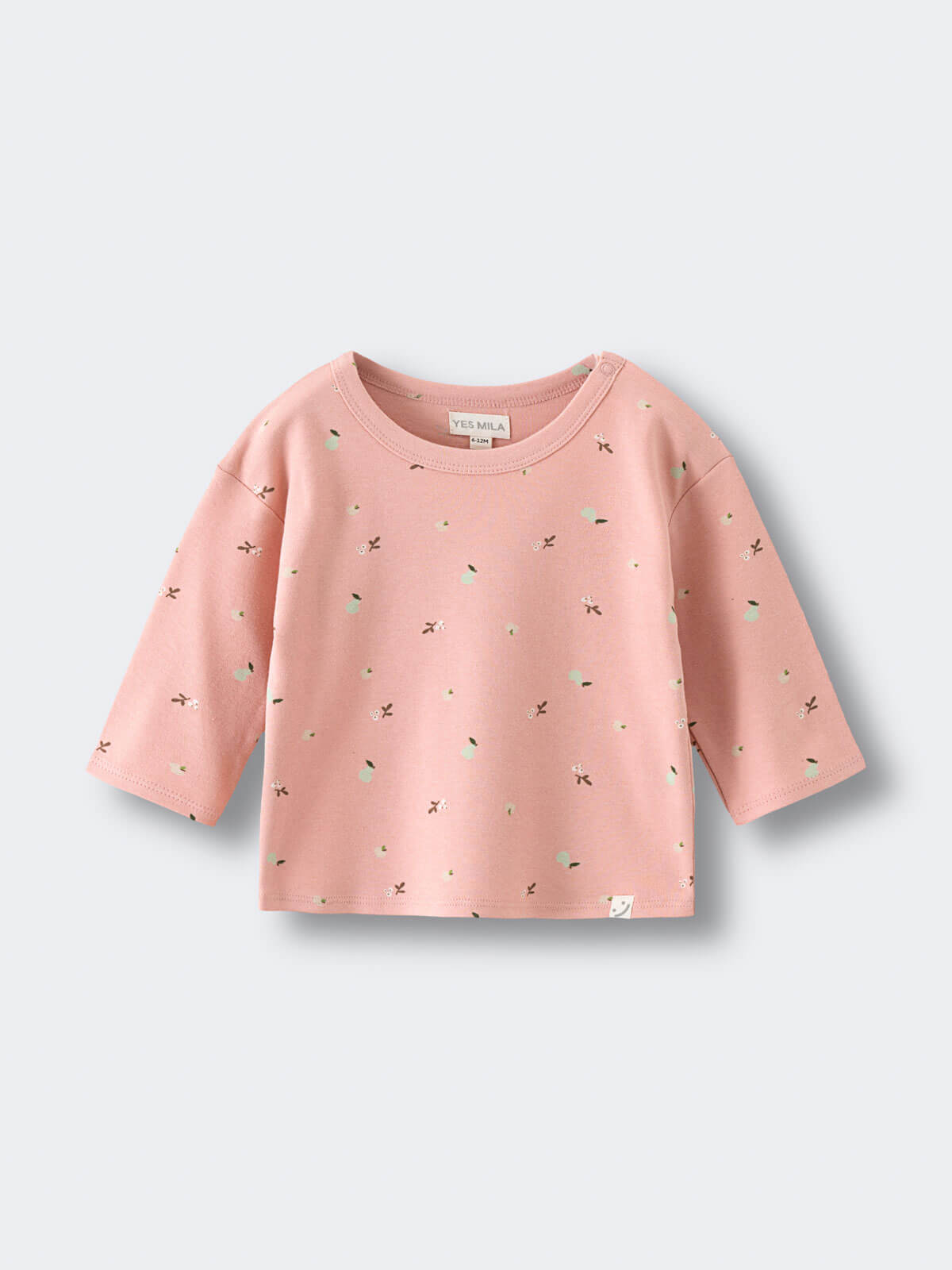 Pink baby sweater with small patterns on a light gray background Baby Printed Long Sleeve Tee - Autumn Harvest Rosehip Baby girl
