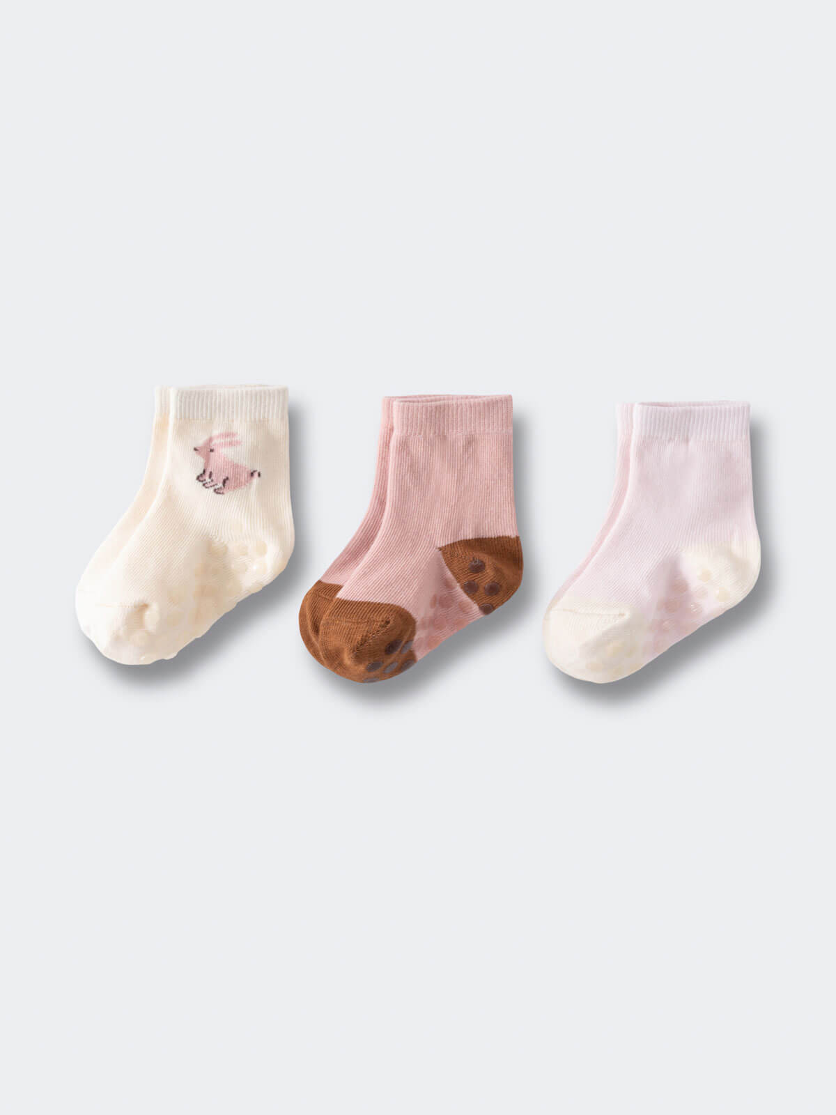 Three pairs of baby socks in cream, pink, and light pink with brown toes Baby Socks -3 Pack - Baby Bunny Baby boy