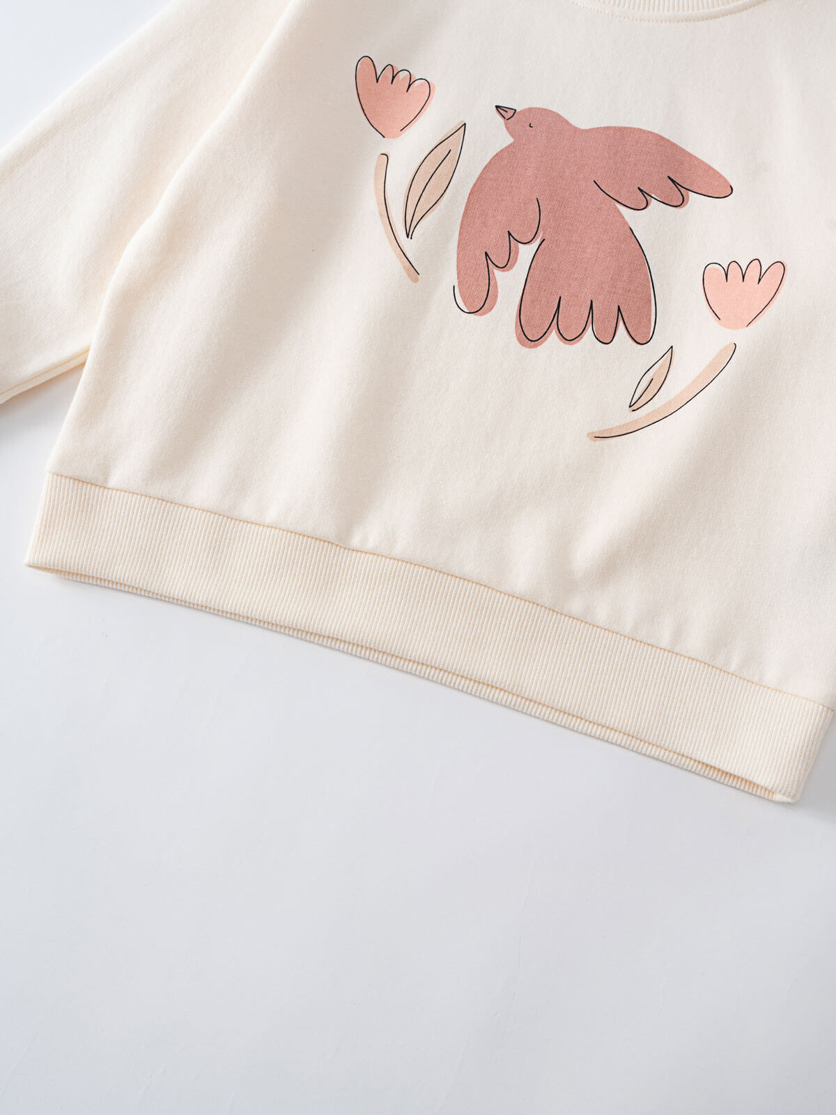 Cream sweatshirt with pink bird and flower appliqué design on front Feature Print Sweatshirt - Bird And Blossom Girls