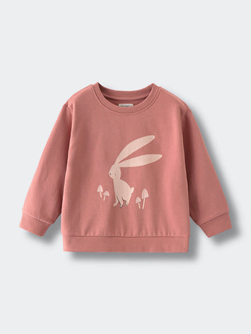 Pink sweatshirt with bunny and mushroom print on white background Feature Print Sweatshirt - Forest Gathering Girls