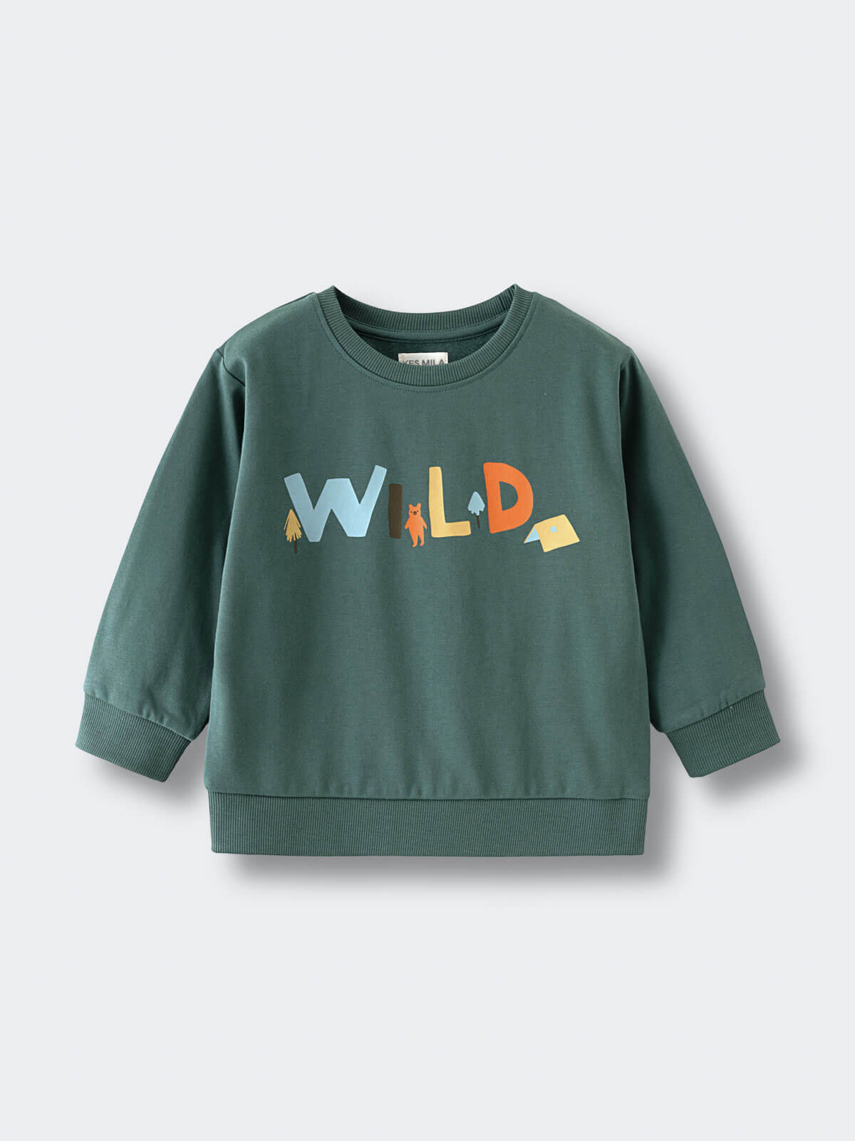 Green sweatshirt with colorful Wild text and small animal graphics Feature Print Sweatshirt - Wild Baby boy