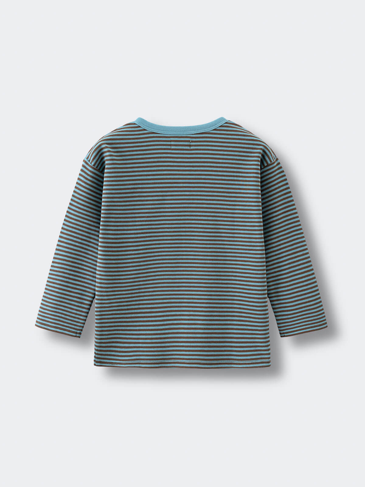 Long sleeve striped shirt in turquoise and brown horizontal stripes laid flat Henley Long Sleeve Tee - Lake Boys