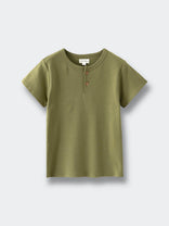 Olive green short sleeve henley shirt with two buttons at neckline Henley Short Sleeve Tee - Moss Boys
