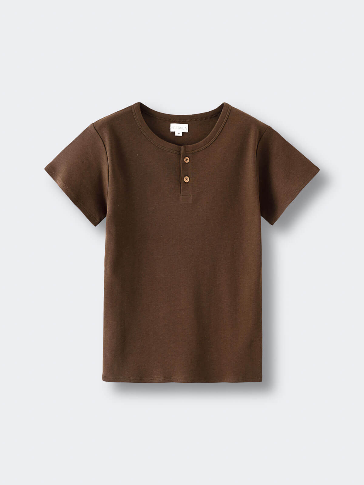 Brown short sleeve henley shirt with two buttons laid flat Henley Short Sleeve Tee - Spruce Boys