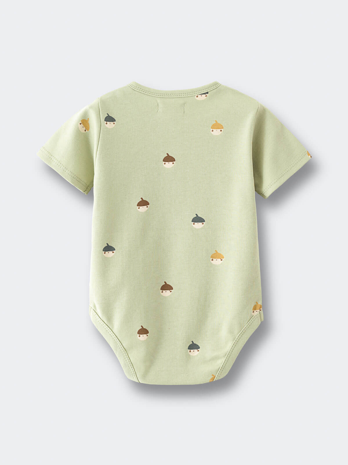 Light green baby bodysuit with small acorn face pattern throughout Henley Short Sleeve Bodysuit - Little Acorn Sage Baby boy