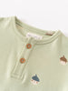 Close-up of sage green bodysuit with wooden buttons and acorn embroidery Henley Short Sleeve Bodysuit - Little Acorn Sage Baby boy