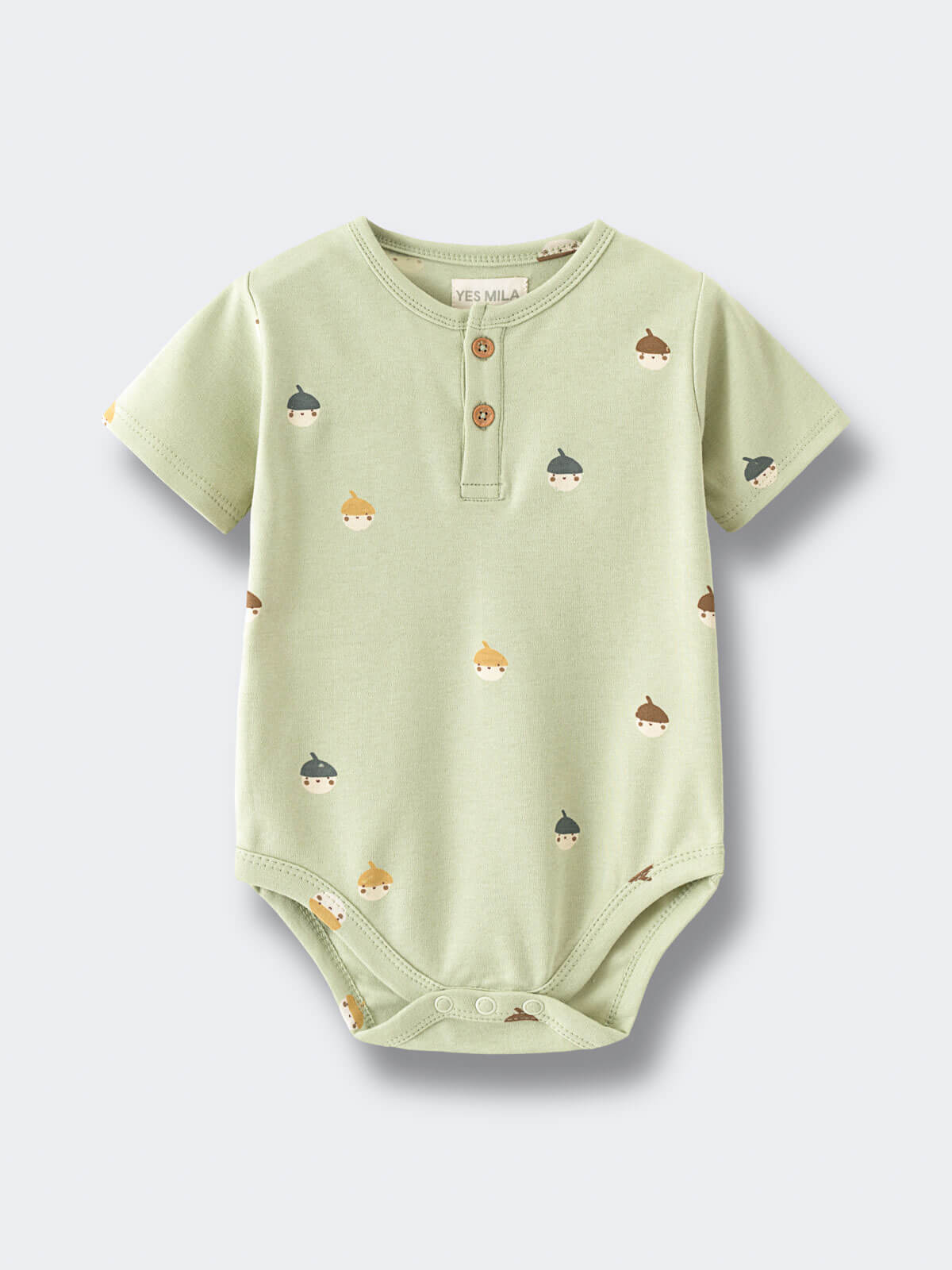Light green baby bodysuit with acorn face print and button placket Henley Short Sleeve Bodysuit - Little Acorn Sage Baby boy