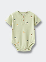 Light green baby bodysuit with acorn face print and button placket Henley Short Sleeve Bodysuit - Little Acorn Sage Baby boy