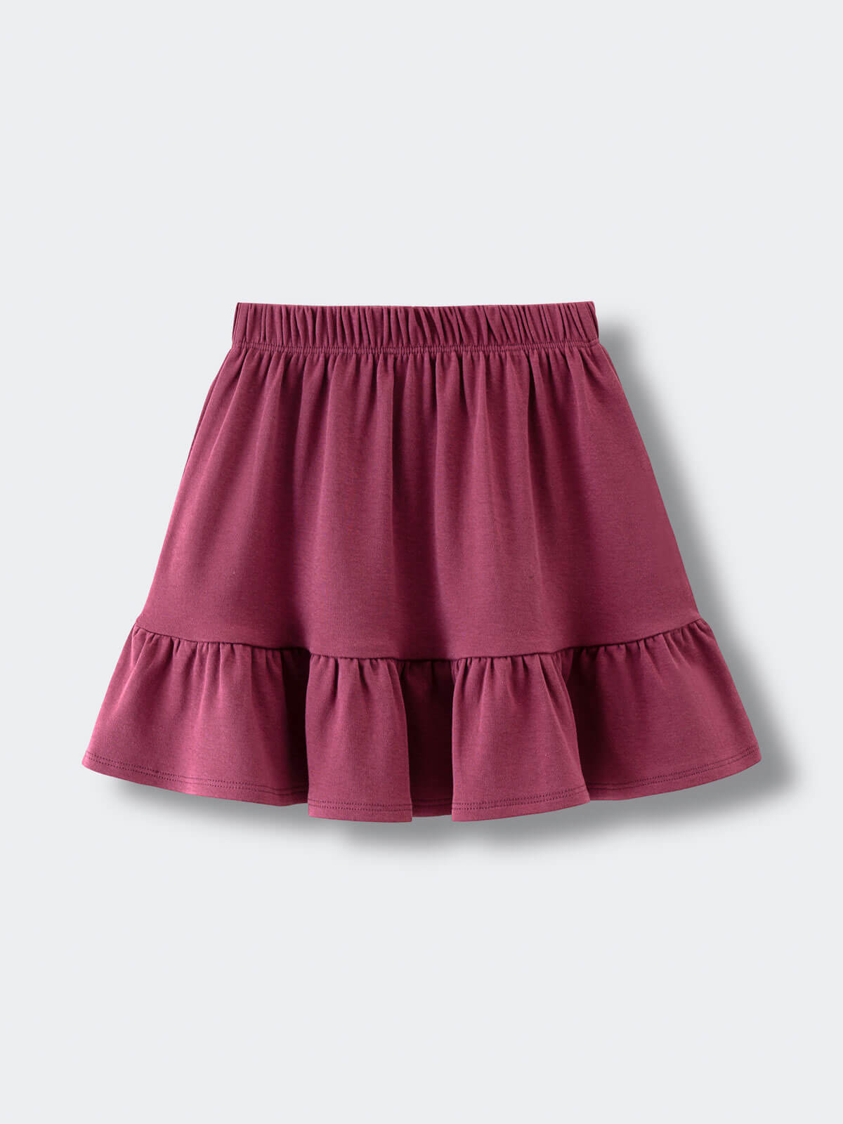 Purple skirt with elastic waistband and ruffled hem on white background Jersey Skirt - Plum Jam Girls