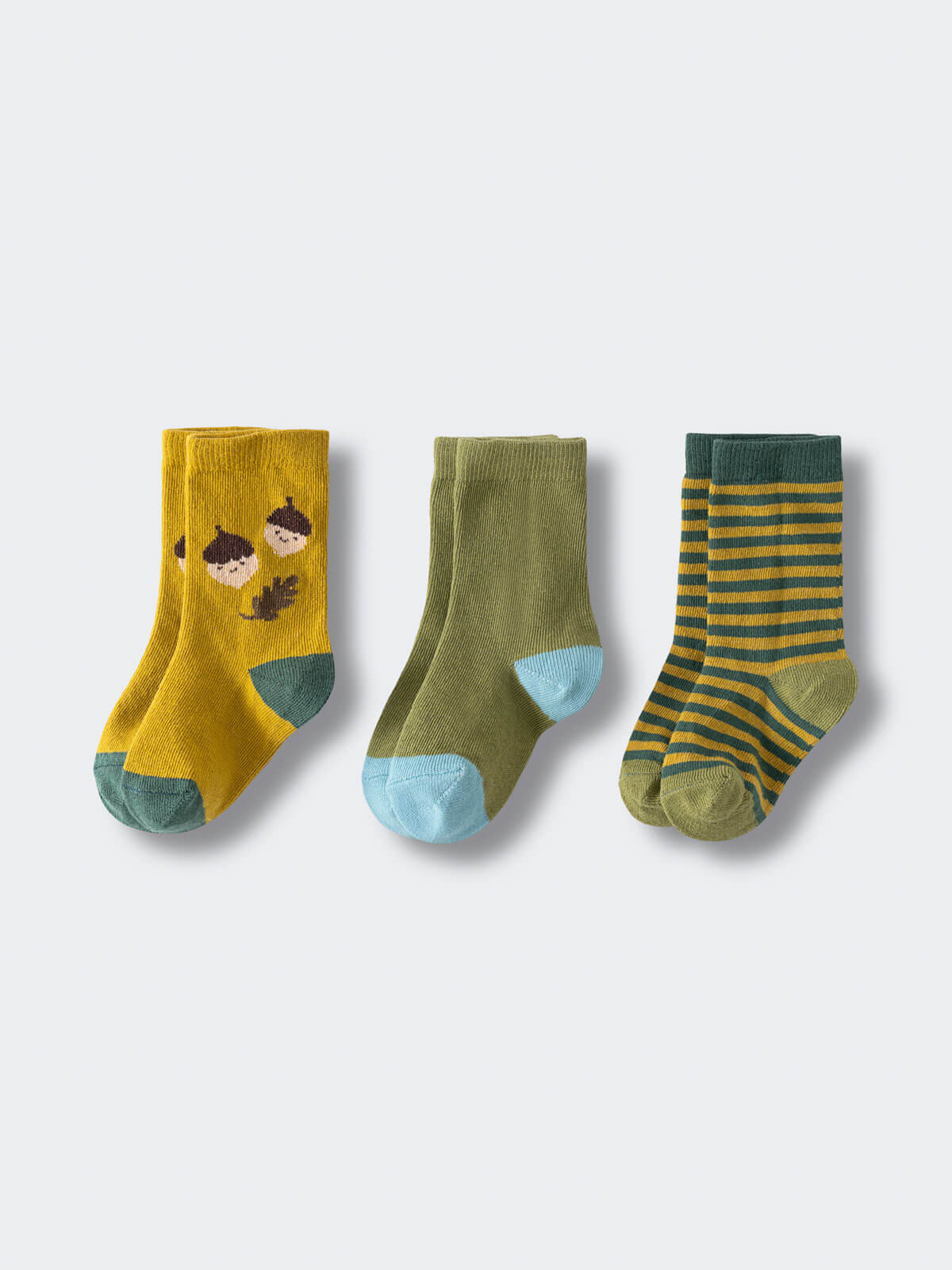 Three pairs of children's socks in yellow, olive green, and striped patterns with contrasting toes Kids Socks 3 Pack - Acorn Boys