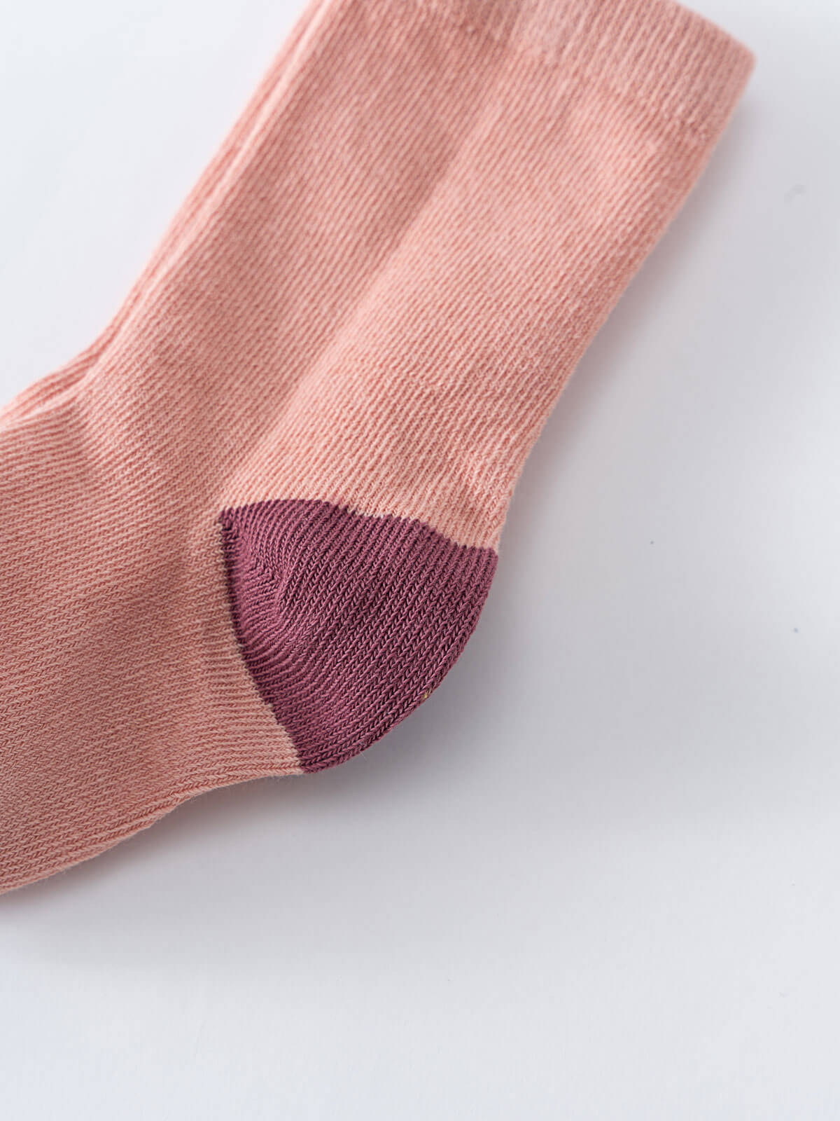 Close-up of a pink ribbed sock with contrasting purple heel detail Kids Socks 3 Pack - Dove Girls