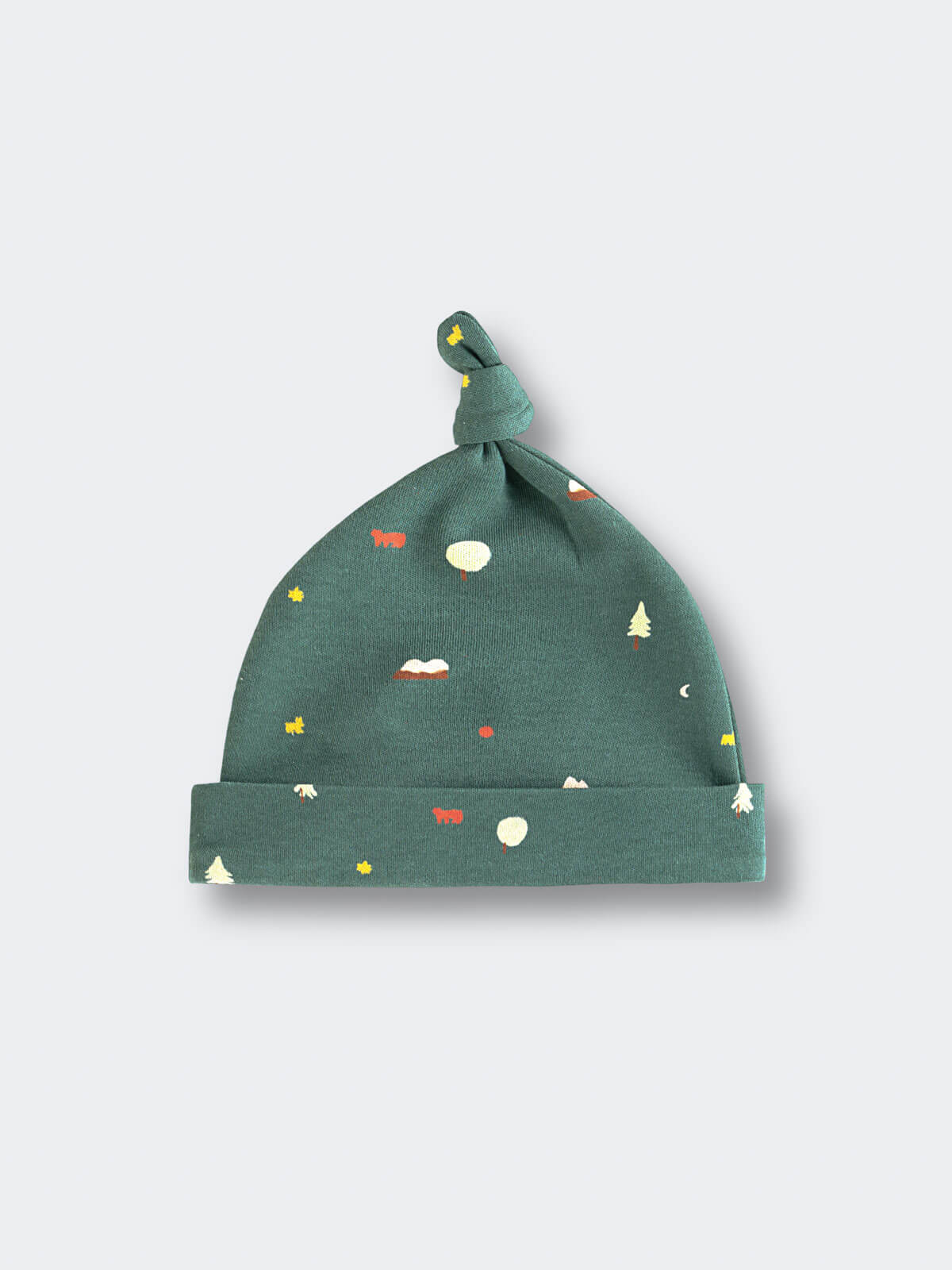 Green baby hat with printed trees, animals, and clouds pattern Knot Hat - Mountain View Balsam Baby boy