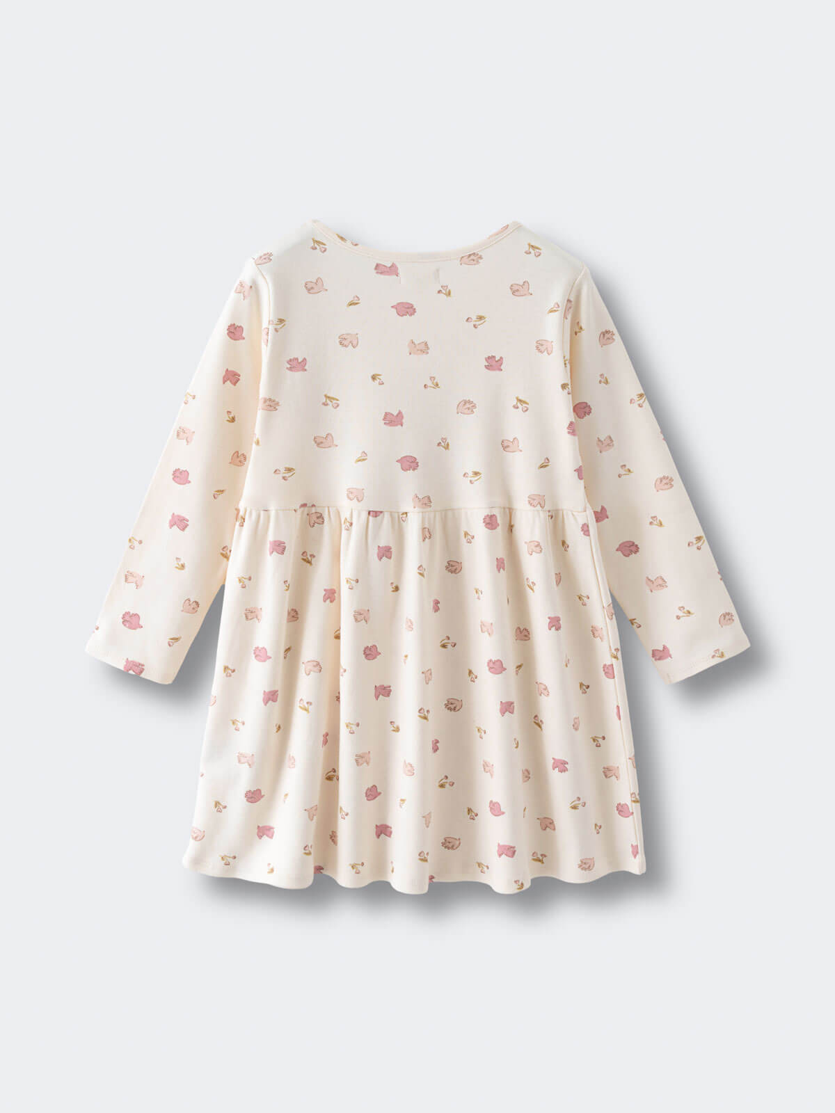 Long sleeve dress with floral print and gathered skirt on light background Long Sleeve Jersey Dress - Bird And Blossom Ecru Girls