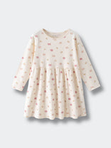 Cream long sleeve dress with pink and tan floral print pattern Long Sleeve Jersey Dress - Bird And Blossom Ecru Girls