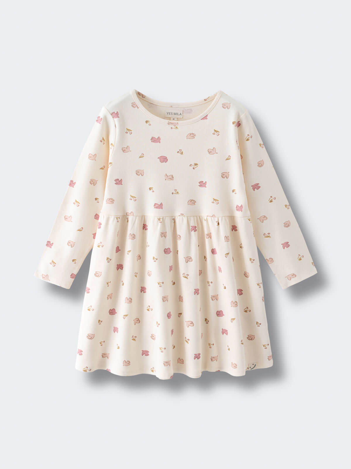 Cream long sleeve dress with pink and tan floral print pattern Long Sleeve Jersey Dress - Bird And Blossom Ecru Girls