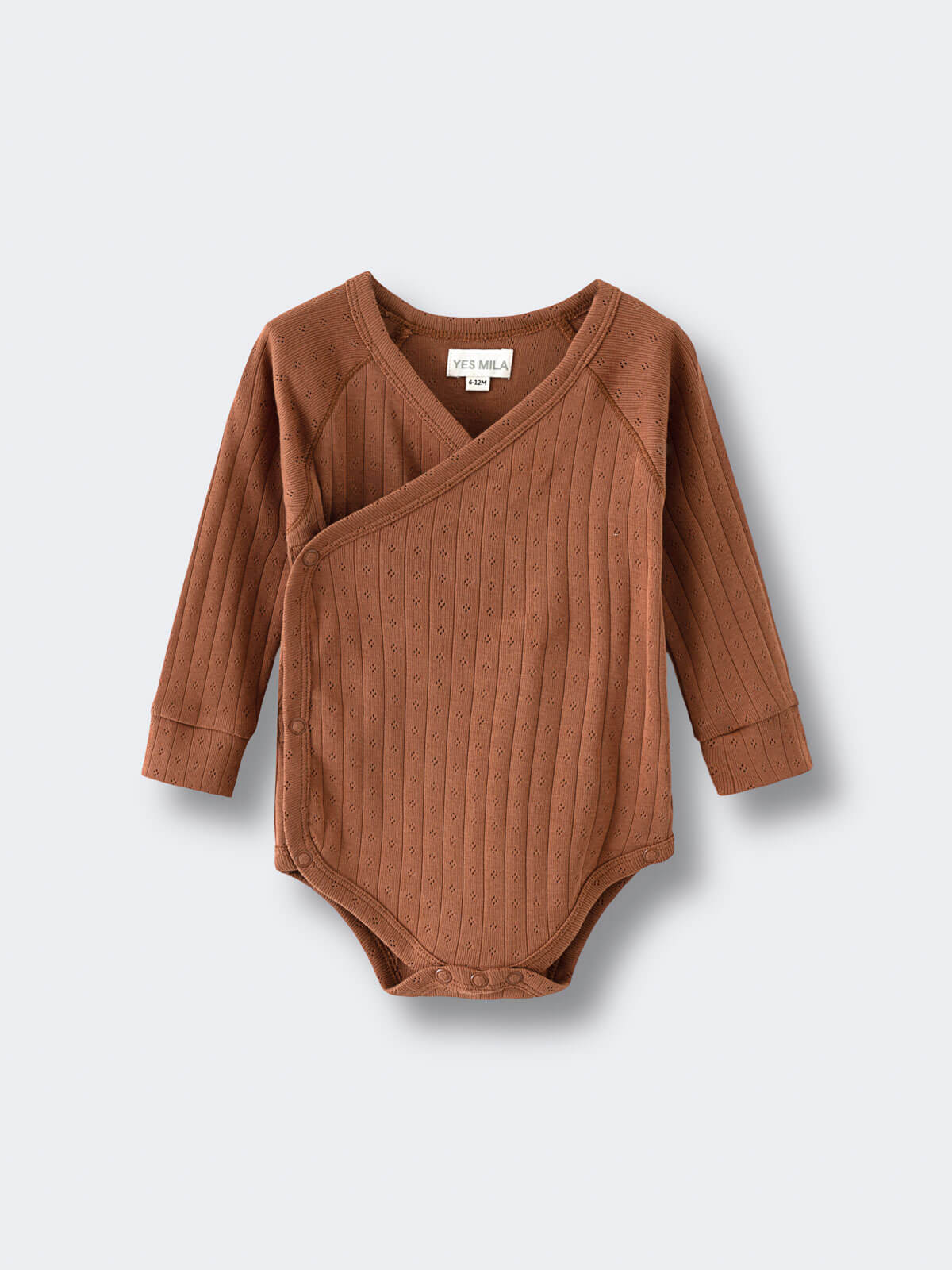 Brown ribbed baby bodysuit with crossover front and long sleeves Pointelle Crossover Bodysuit - Russet Baby boy