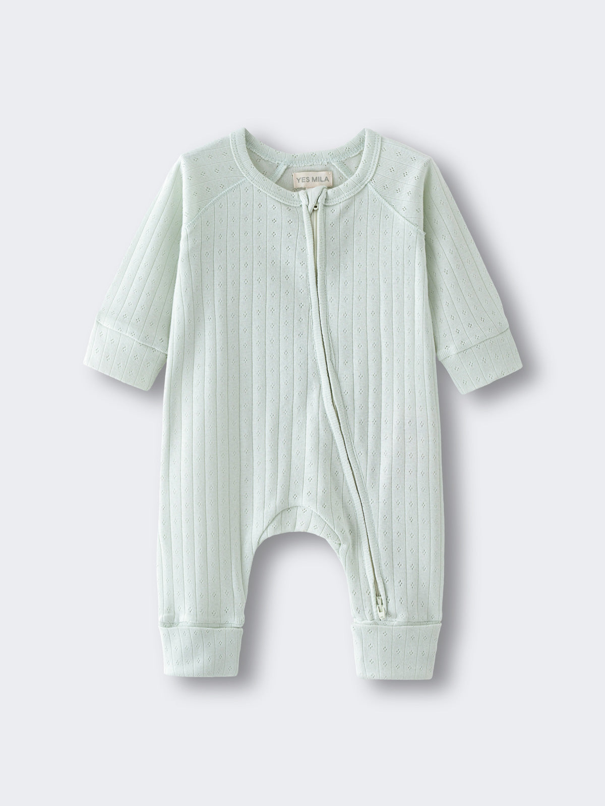 Light green baby onesie with a zipper on a white background Pointelle Long Sleeve One Piece - Sea Foam Baby boy