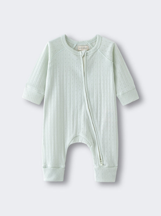 Light green baby onesie with a zipper on a white background Pointelle Long Sleeve One Piece - Sea Foam Baby boy
