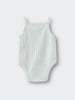 Light blue ribbed knit bodysuit with straps laid flat on white background Pointelle Singlet Bodysuit - Sea Foam Baby boy