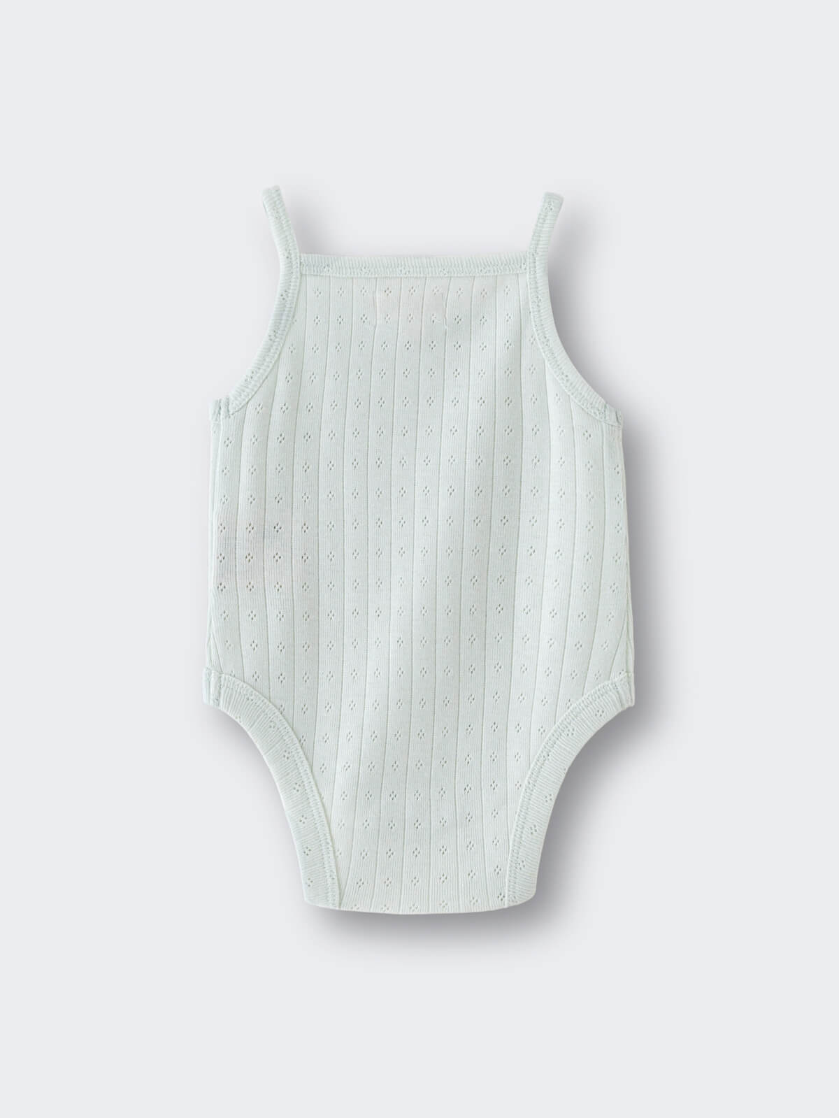 Light blue ribbed knit bodysuit with straps laid flat on white background Pointelle Singlet Bodysuit - Sea Foam Baby boy