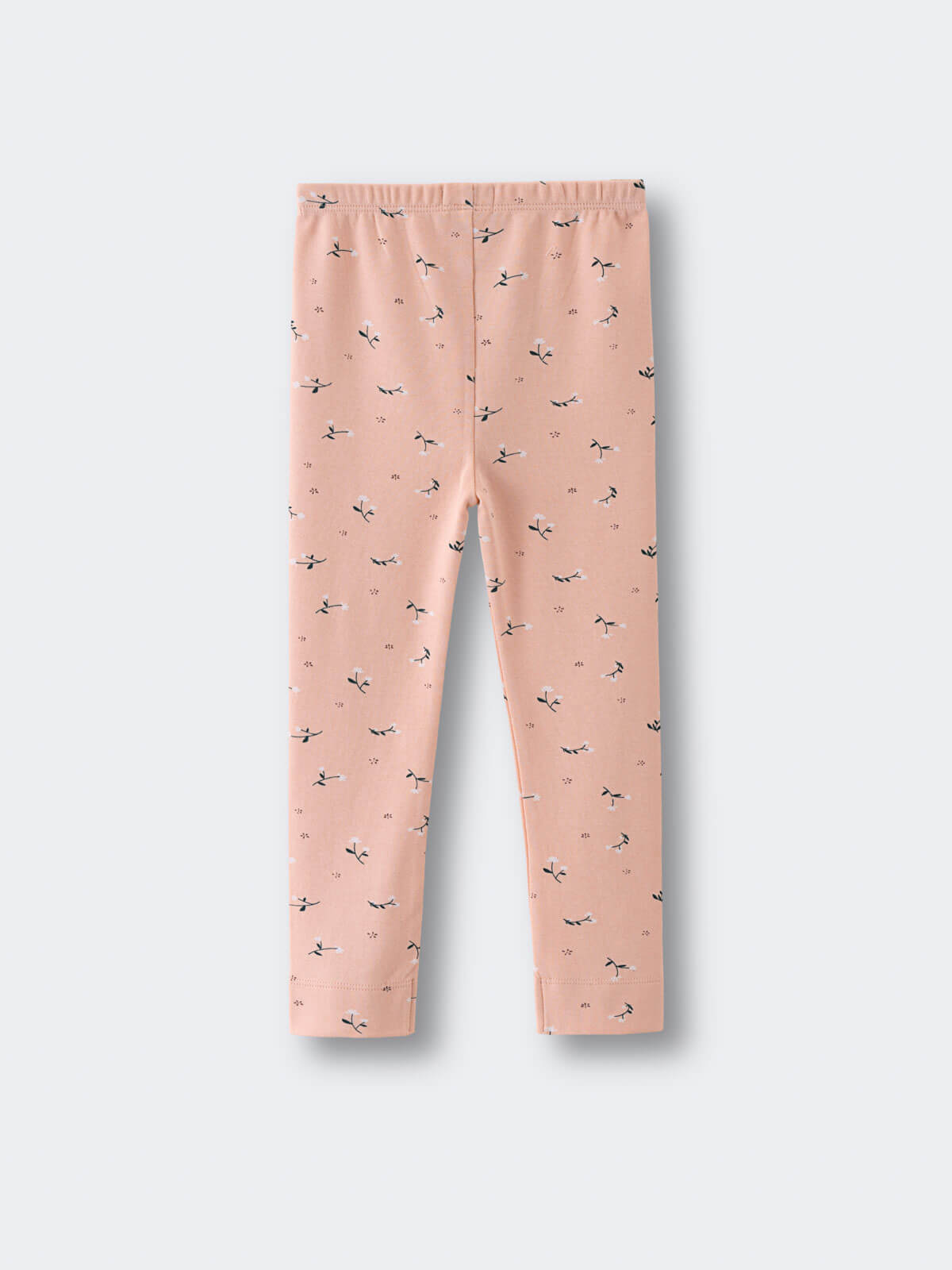 Pink leggings with small floral print pattern laid flat on gray background Printed Leggings - Wild Meadow Mallow Girls