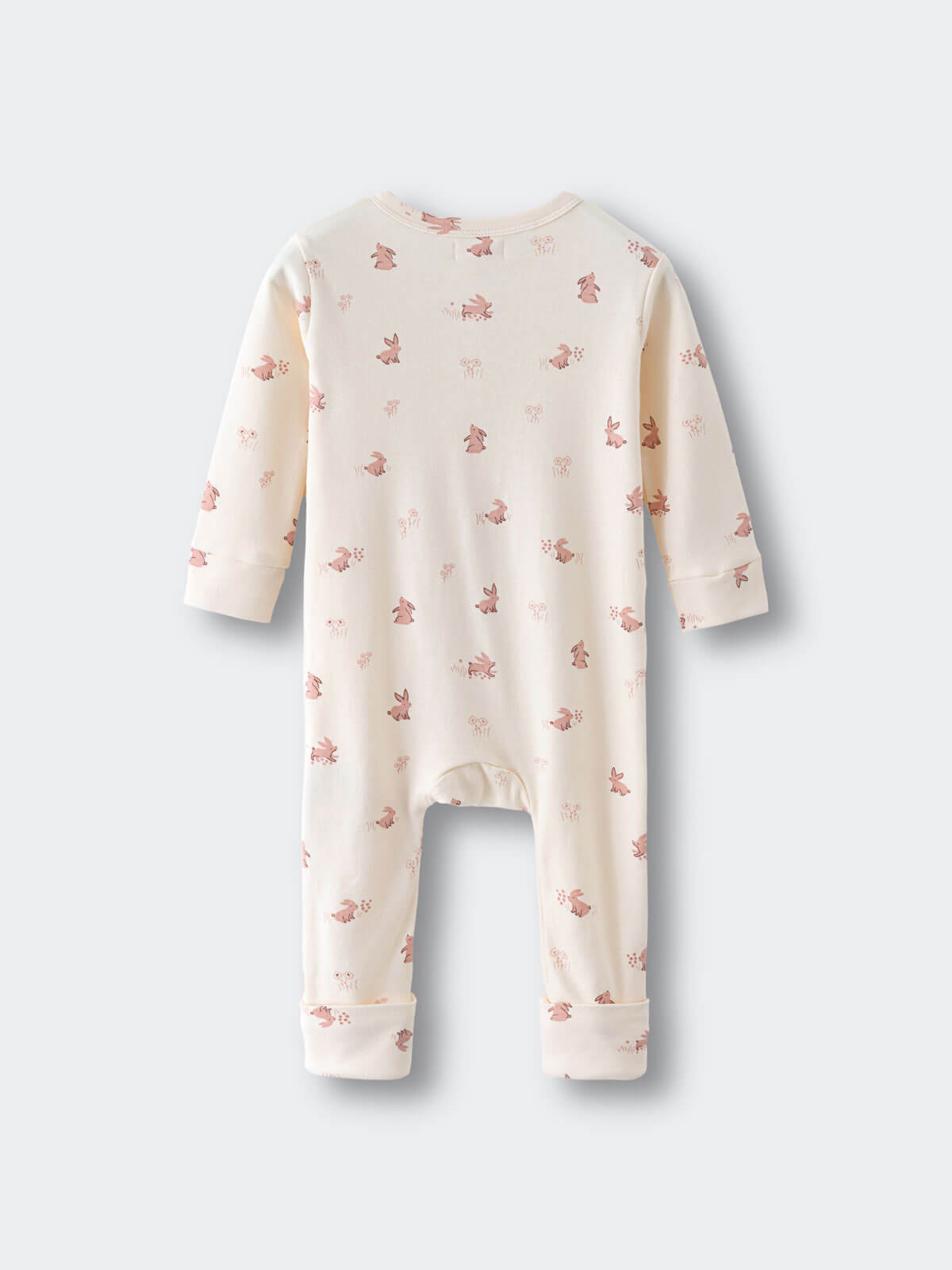 Cream colored baby romper with small pink bunny print pattern Printed Long Sleeve One Piece - Meadow Friends Ecru Baby girl