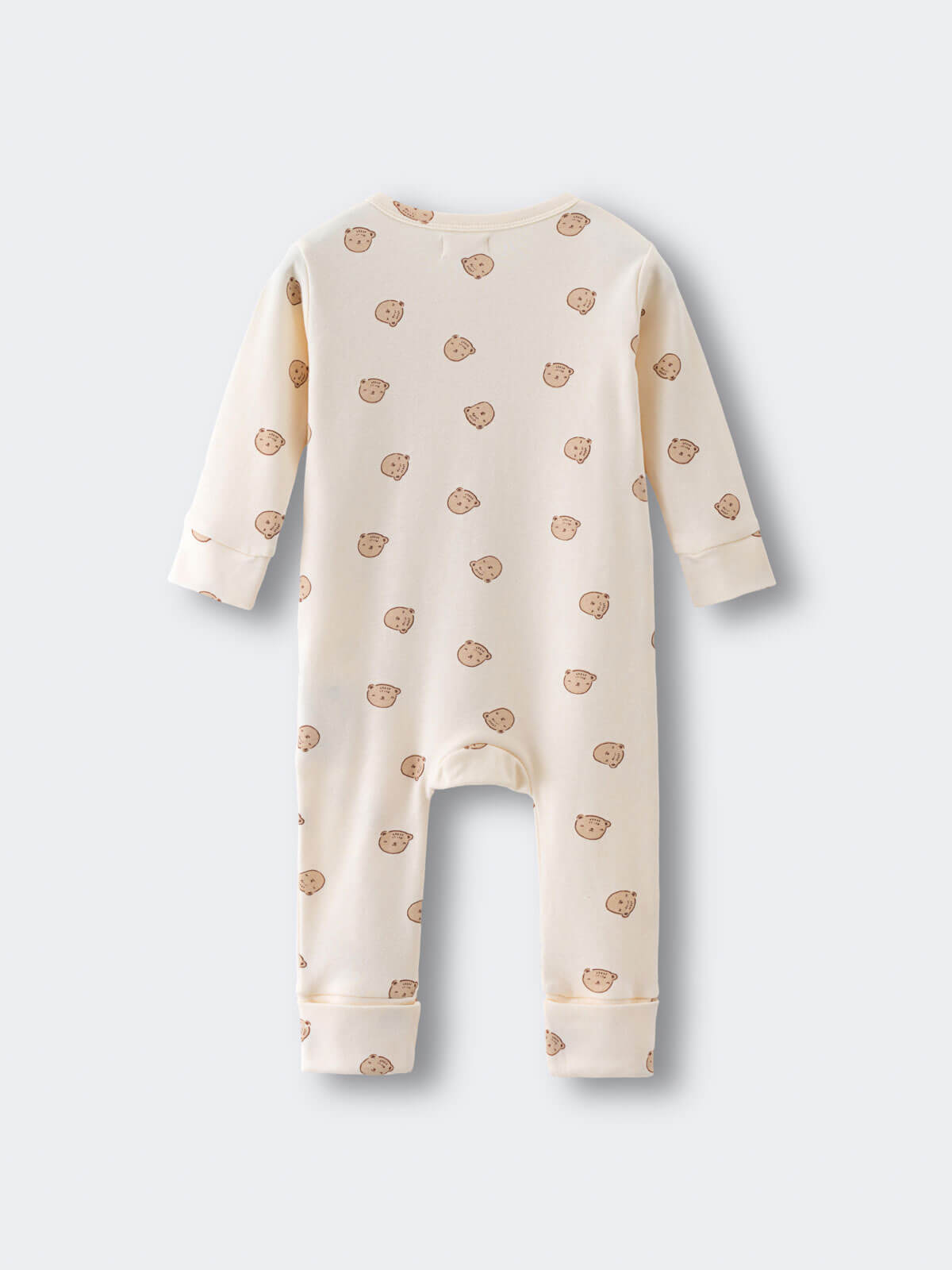 Cream colored baby romper with small brown bear face print pattern Printed Long Sleeve One Piece - Cosy Bear Ecru Baby boy