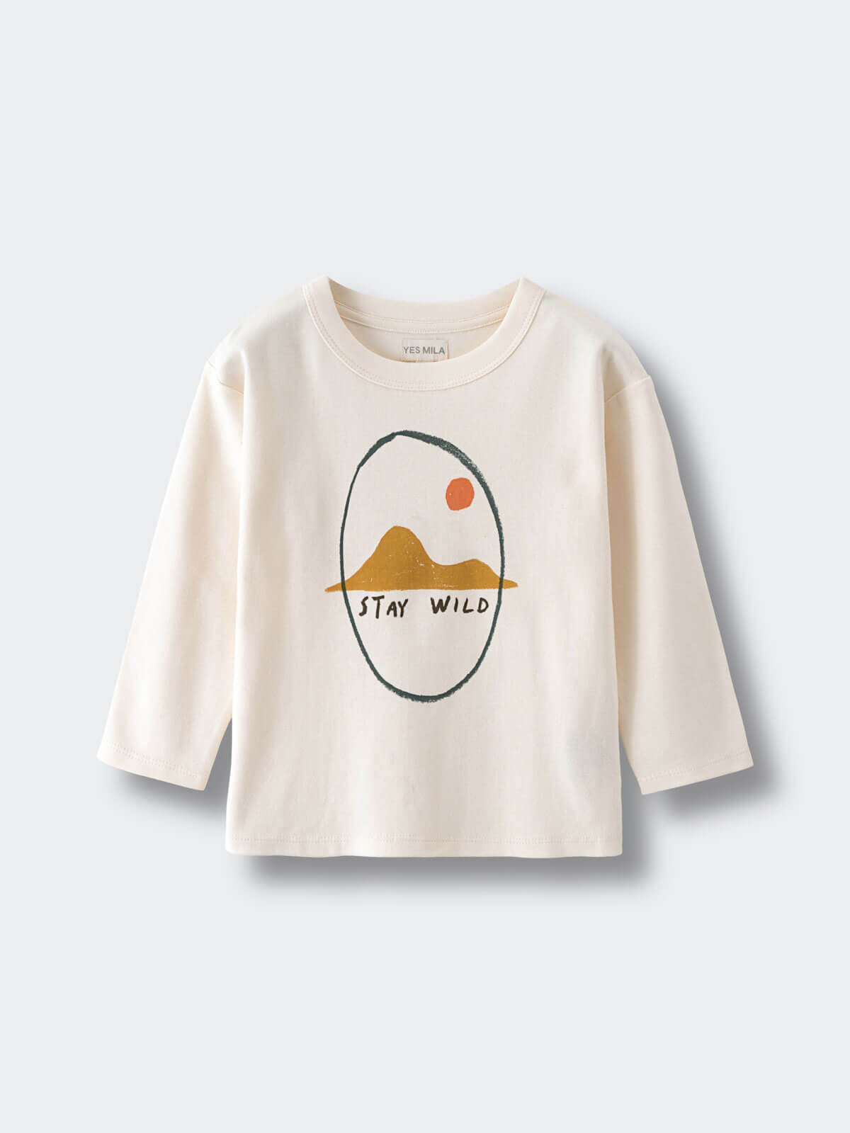 Cream long sleeve shirt with illustrated mountain and sun graphic reading "STAY WILD Printed Long Sleeve Tee - Stay Wild Boys